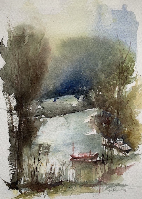 roter-faehrmann alte weiden an der saale aquarell